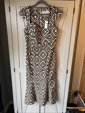 Anthropologie Black White & Gold Geometric Midi Dress Cecily Fit & Flare NWT